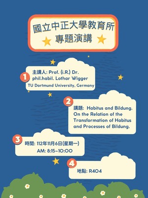 專題演講：Habitus and Bildung. On the Relation of the Transformation of Habitus and Processes of Bildung 主講人:Prof.(i.R.)Dr. phil. habil. Lothar Wigger TU Dortmund University, Germany 時間:112年11月6日(星期一) AM: 8:15~10:00 地點:R404